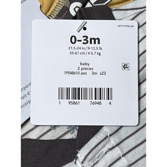 Carter’s Baby 2 Pieces 0-3M White W/Gray Stripes And Yellow With Trucks - Picture 4 of 5